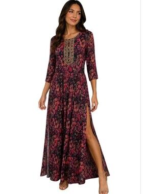 Banjanan Embellished Floral Silk Blend Maxi Dress Boho Luxe Side Slit Resort.Med